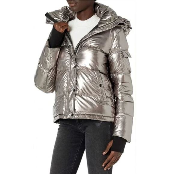 S13 Women Kylie Metallic Down Filled Coat Small Silver Gray Hooded Winter Jacket - Picture 2 of 14